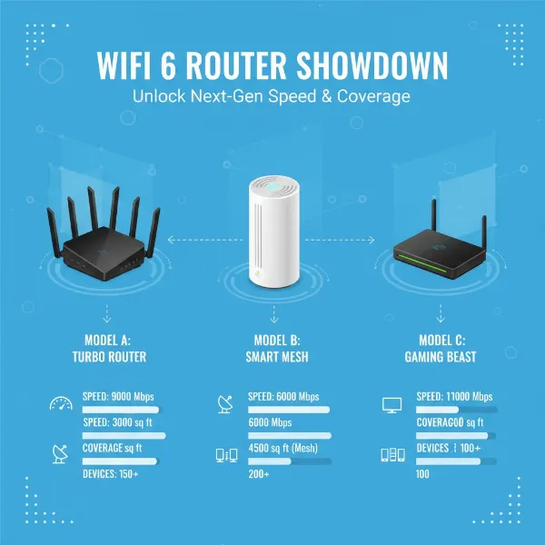A detailed infographic comparing features of various Wifi 6 router models for family use.