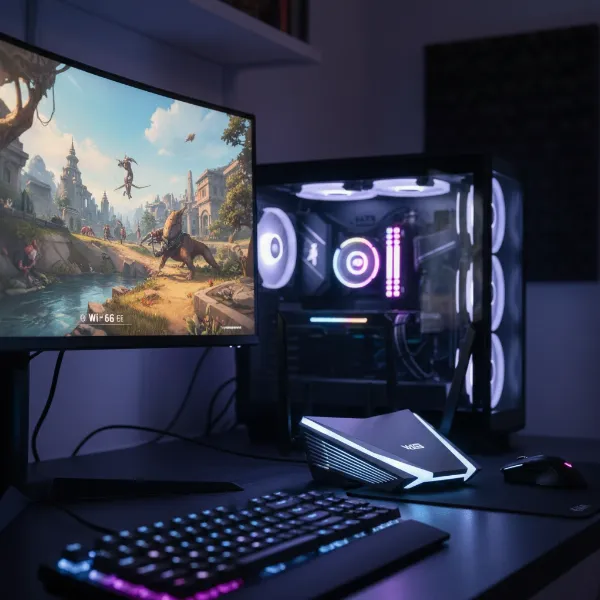 A high-performance Wi-Fi 6E gaming router with glowing LED lights, placed next to a high-end gaming PC setup.