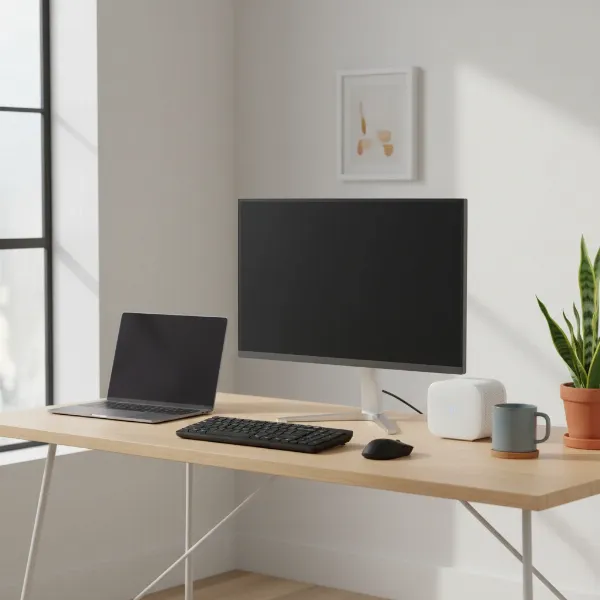 A compact yet powerful Wi-Fi 6 router on a desk in a small, modern home office, surrounded by a laptop, monitor, and a coffee mug, indicating a productive and connected workspace.