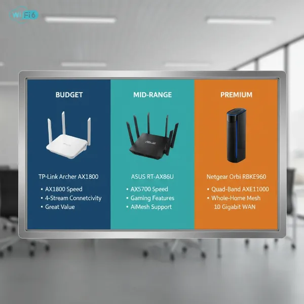 A visually organized display of different Wifi 6 router models, categorized by price (budget, mid-range, premium) with their names and key benefits.