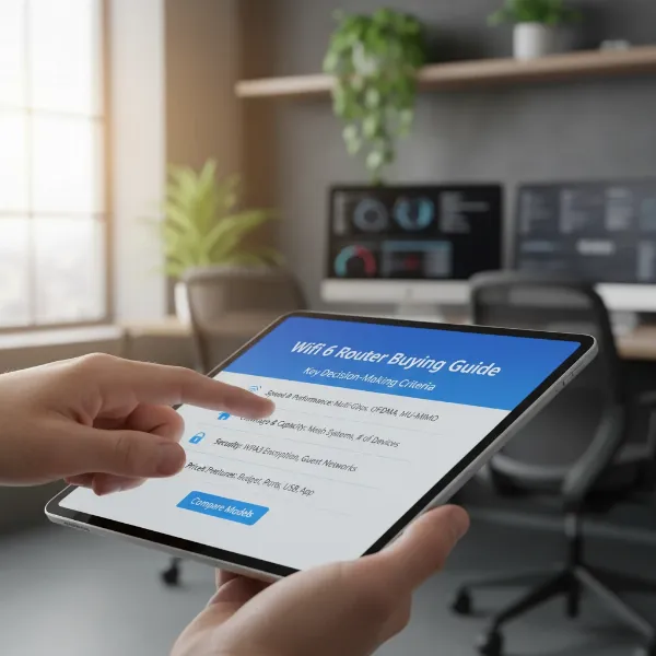 A person's hand pointing at a detailed buying guide on a tablet, showcasing decision-making elements for purchasing a Wifi 6 router for a workspace, with a modern office background. The scene emphasizes thoughtful consideration and research.