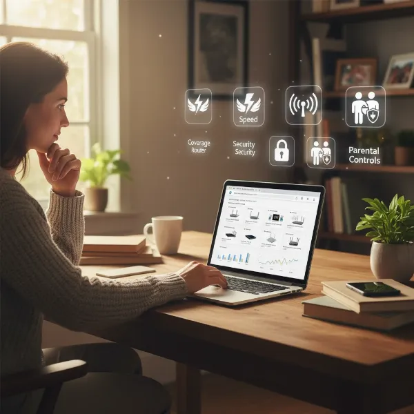 A person researching and comparing Wifi 6 router features on a laptop, with various router icons around them.