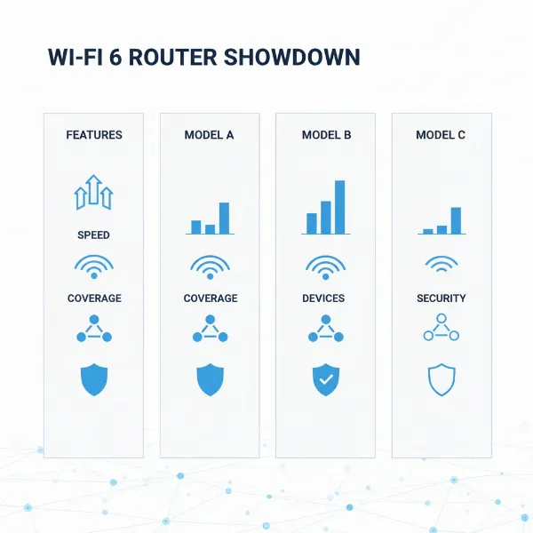 A clean, modern infographic comparing key specifications of different Wi-Fi 6 routers with icons for speed, range, and security.
