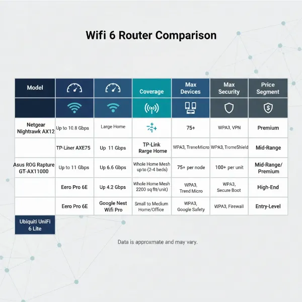 An illustrative graphic showing a comparison table of different Wifi 6 router models and their key specifications