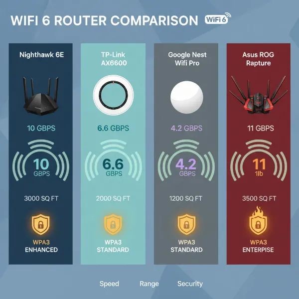 An infographic-style image comparing different Wifi 6 routers with visual elements representing speed, range, and security features, highlighting key data points relevant to workspaces. The style is clean, modern, and data-driven.