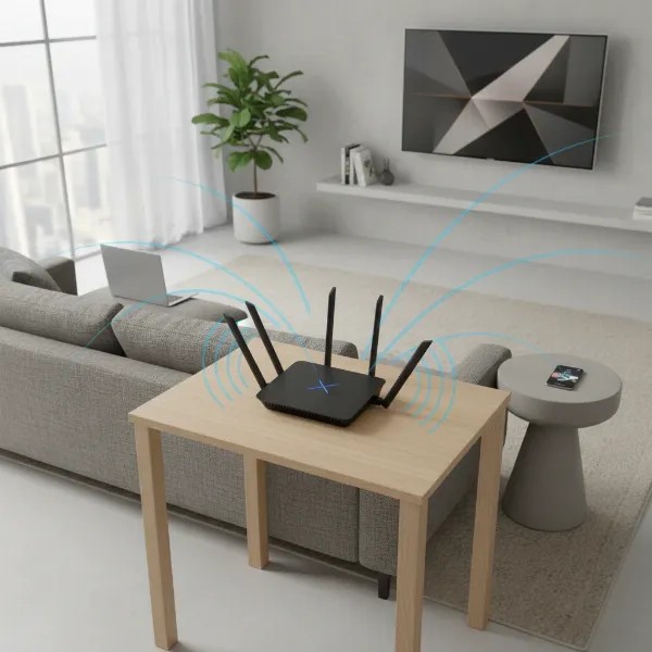 A modern Wi-Fi 6 router at the center of a smart home, connecting various devices like a laptop, smart TV, and smartphone seamlessly.