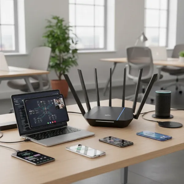 A sleek, modern Wifi 6 router placed on an office desk, surrounded by various tech devices like laptops, tablets, and smartphones, illustrating different usage needs in a busy workspace. The background shows a blurred open-plan office setting, with soft, professional lighting. The style is realistic and contemporary.