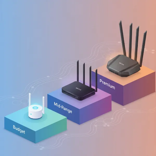 A visual representation of Wi-Fi 6 routers categorized by budget, mid-range, and premium tiers, with sample routers in each.