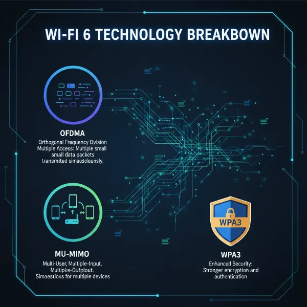 An infographic illustrating key technical specifications of Wi-Fi 6, such as OFDMA, MU-MIMO, and WPA3, with abstract network lines.